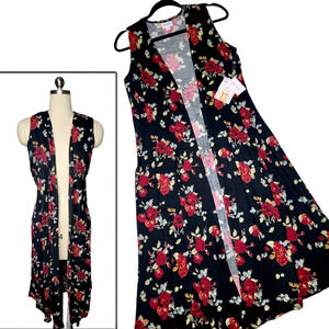 LuLaRoe Joy Vest XS Black Red Rose Floral Blue Cream Longline Duster Layering